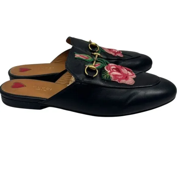 Gucci Princetown Rose Embroidered Black Loafer Mules Sz 40 Designer Iconic Flats - Picture 5 of 11